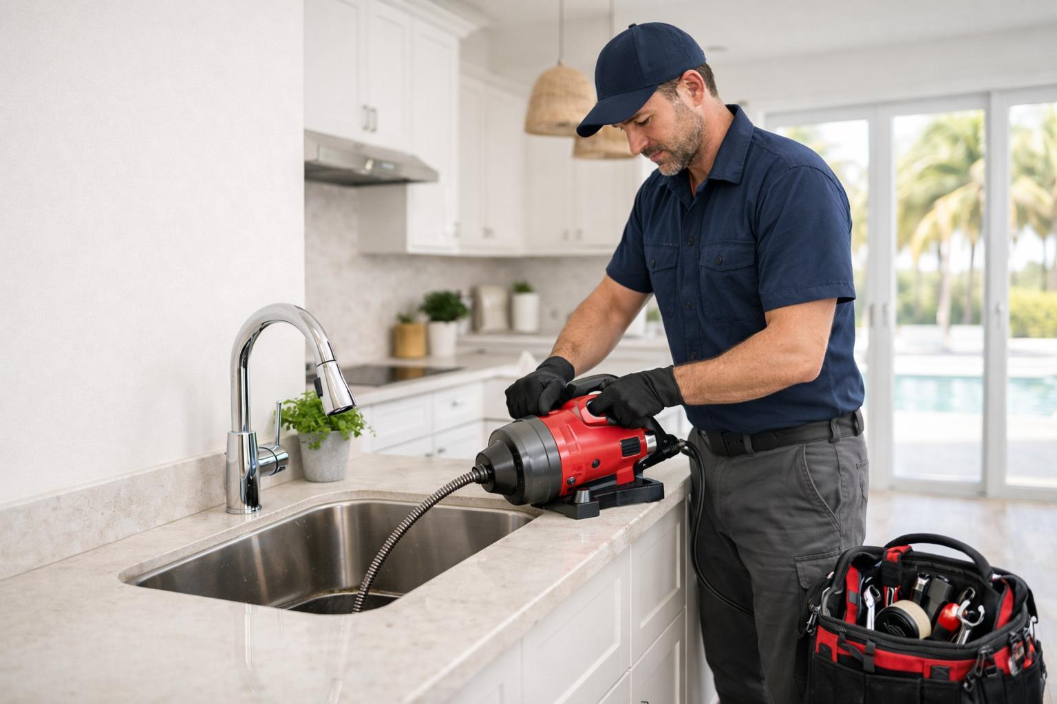 Plumber clearing a clogged drain in a Rohnert Park home
