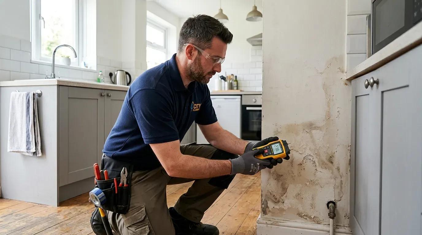 Plumber checking a damp wall for a hidden water leak in a Santa Rosa home