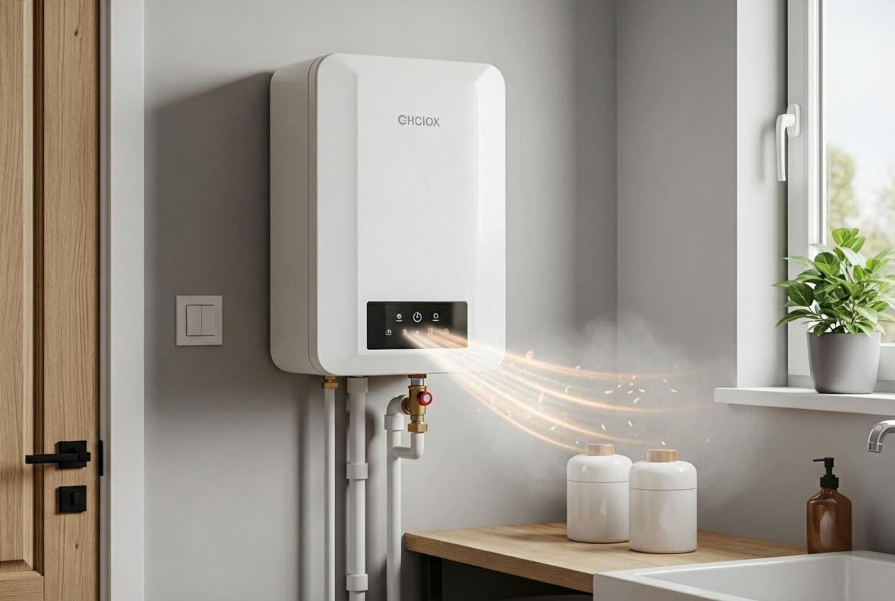 Wall-mounted tankless water heater in a residential home