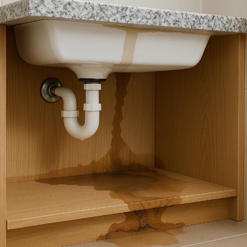 Water damage beneath a kitchen sink caused by a possible plumbing leak